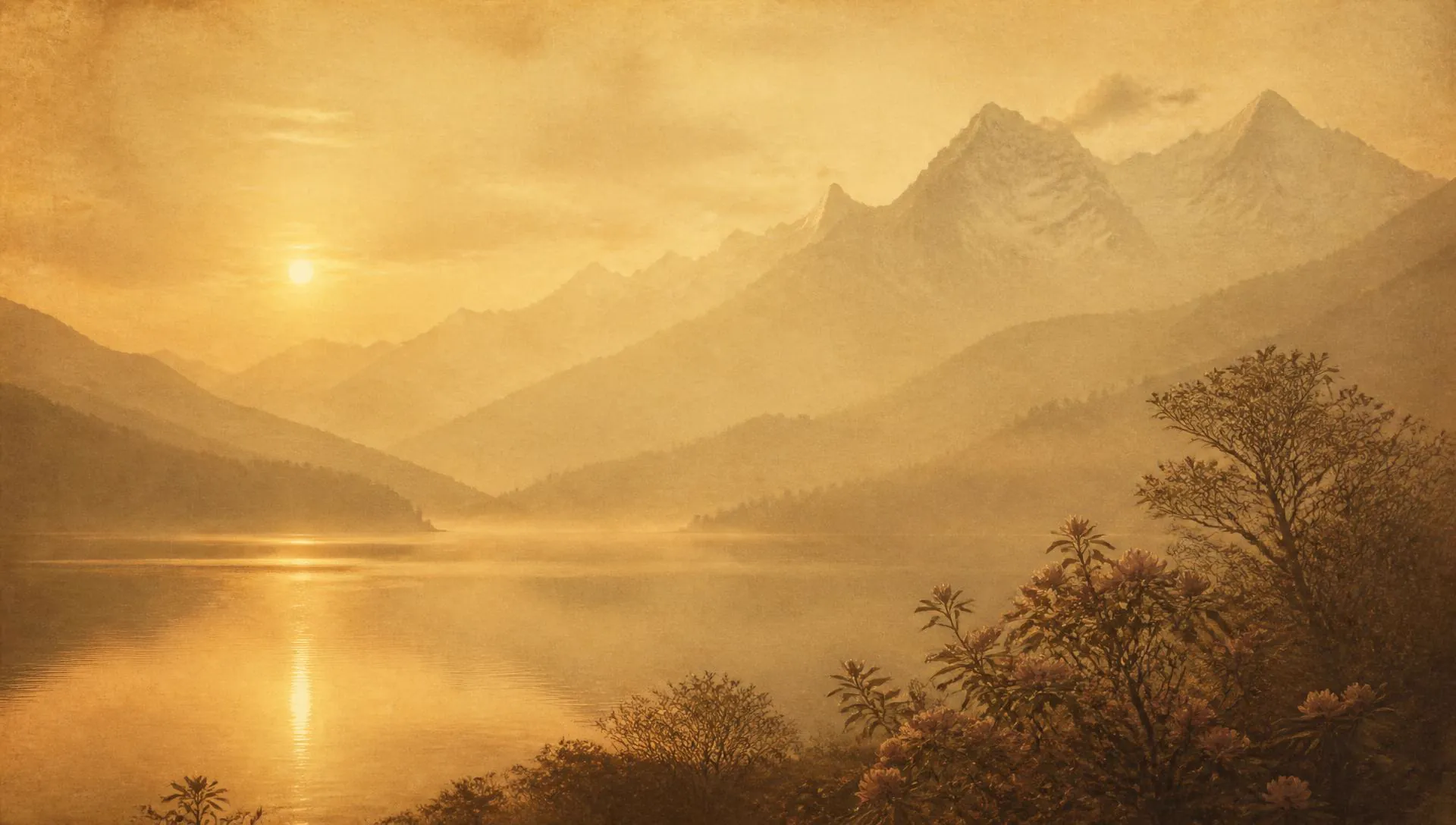 Sepia-toned lake at golden hour, mist rising over distant hills